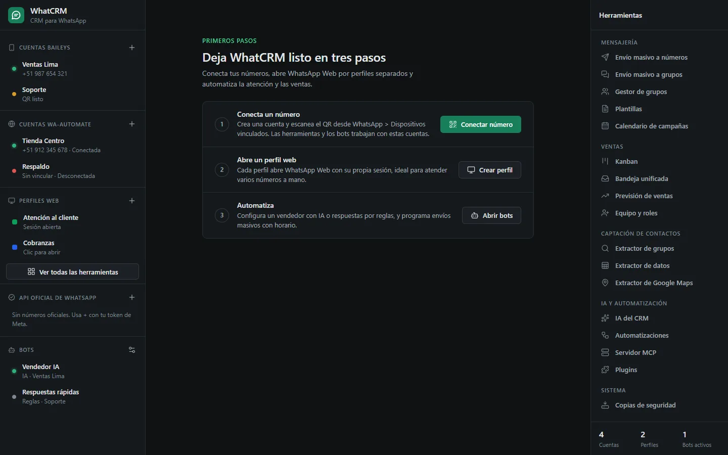 Ventana principal de WhatCRM con cuentas de WhatsApp conectadas, perfiles, bots y el menú de herramientas